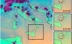 Satellietbeelden van de vulkaanuitbarsting  op 3 juli 2019, 