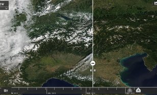 Satellietbeeld van sneeuwfront over de Alpen. Is het wintersportseizoen begonnen?