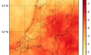 Kaart van relatieve afwijking van de globale straling in Nederland in 2019 ten opzichte van het gemiddelde over de periode 2005-2018, afgeleid uit Meteosat-satellietmetingen.