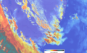 Kaart van TROPOMI metingen van de wolkentophoogte van de Australische bosbranden op 4 januari 2020. Boven de meeste intense vuurhaarden reiken de (rook)wolken tot boven de 10 km.