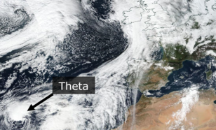 Satellietbeeld van West-Europa op 12 november met tropische storm Theta linksonder op het kaartje.