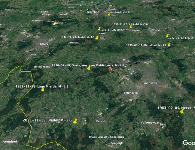 Figuur 1: Locatie met aardbevingen in Brabant, tot en met 15 november 2021 ©KNMI