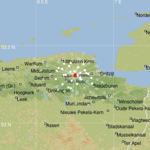 Kaart met seismologische meetstations waar de beving geregistreerd is