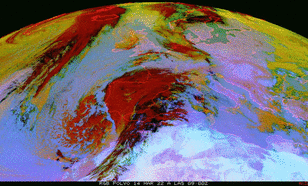 Satelliet opnames (Meteosat 11) van saharazand dat tussen 14 en 16 maart naar ons land waaide, hier zichtbaar als magenta kleuren.