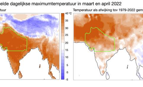 Kaart van dagelijkse maximumtemperatuur in maart en april in India en Pakistan met waardes ruim boven 38 graden.