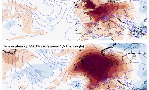 Kaart van Europa met in kleur de verwachte temperatuur aan de grond en op 1,5 km hoogte voor dinsdag 19 juli 2022.