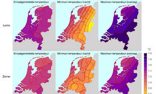 kaarten van nederland met de toename tussen 1961-1990 en 1991-2020 in de lente en de zomer van de etmaalgemiddelde temperatuur, de minimumtemperatuur (nacht) en de maximumtemperatuur (overdag)