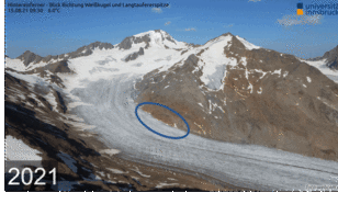 Webcam opname van de Oostenrijkse gletsjer Hintereisferner in 2021 en 2022