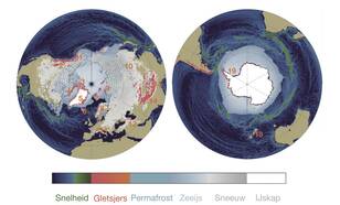 Kaarten van de ligging van gletsjers en ijskappen op het noordelijk en zuidelijk halfrond