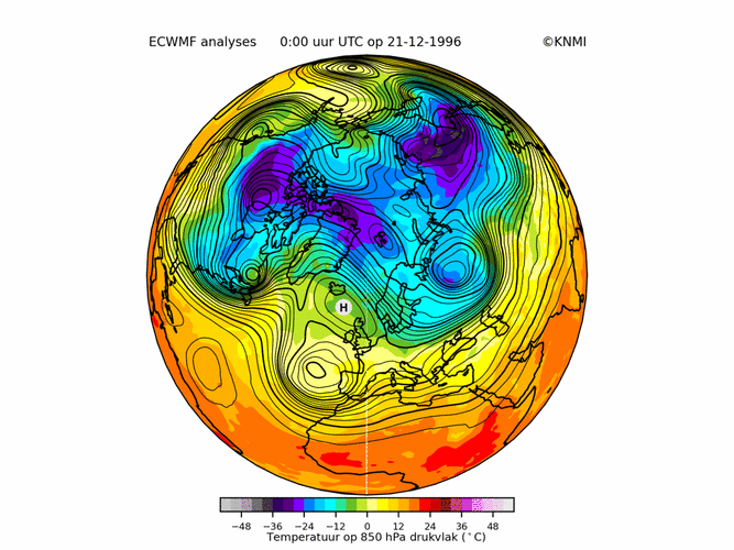 Animatie van de ligging van hoge- en lagedrukgebieden op ongeveer 5 km hoogte en de temperatuur op ongeveer 1.5 km hoogte tijdens de koudeperiode van de Elfstedentocht van 4 januari 1997. 