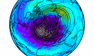Animatie van de temperatuur (kleuren) en wind (zwarte lijnen) in de polaire wervel op ongeveer 30 kilometer hoogte van 10 tot 21 februari van dit jaar. 