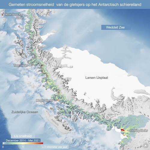 Kaart van het Antarctisch schiereiland met de stroomsnelheid van gletsjers tussen december 2014 en mei  2021 in kleur weergegeven. Bron: University of Leeds/ESA. 