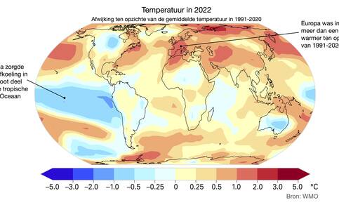 Kaart van de temperatuur in 2022 als afwijking van het gemiddelde over 1991-2020. 
