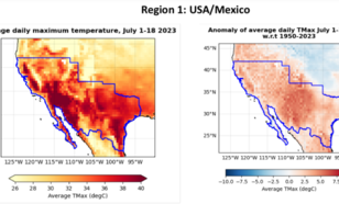 Maximumtemperaturen in juli gemiddeld over de lengte van de hittegolven die voor deze studie zijn gedefinieerd (linkerzijde) en dezelfde maar dan uitgedrukt in anomalieën ten opzichte van 1950-2023 (rechterzijde). USA/Mexico 