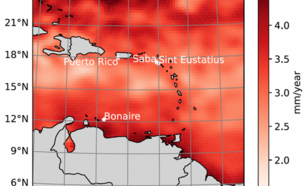 Kaart van de zeespiegelstijging in de Caribische zee in mm/jaar tussen 1993 en 2021.