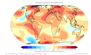 Wereldkaart van de  afwijking ten opzichte van het gemiddelde van 1991-2020 van de oppervlaktetemperatuur voor 2023. 