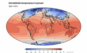 Animatie van de gemiddelde temperatuur per maand in de periode 1991-2020 geplot op een wereldkaart