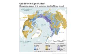 Kaart van het noordpoolgebied met in kleur de gebieden met permafrost