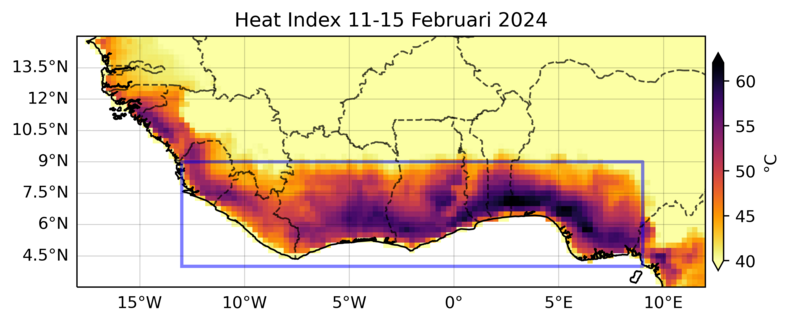 Hitte index zuidwest Afrika februari 2024