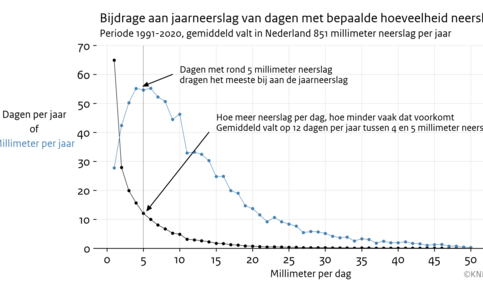 Lijngrafiek met het aantal dagen per jaar met een bepaalde hoeveelheid neerslag, gemiddeld over 13 neerslagstations verspreid over Nederland in de periode 1991-2020 (rode lijn), en de bijdrage van deze dagen aan de jaarneerslag (blauwe lijn). 