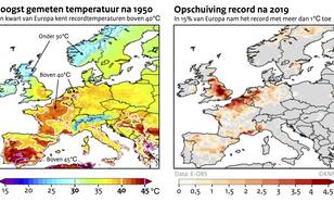 Kaart met hoogst gemeten temperatuur in Europa sinds 1950 en een kaart van Europa met de toename na 2019 in hoogst gemeten temperatuur.