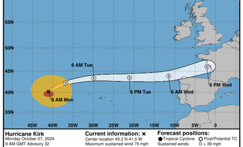 kaart van 7 oktober 2024 met de baan die storm Kirk aflegt richting Europa