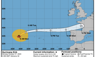 kaart van 7 oktober 2024 met de baan die storm Kirk aflegt richting Europa