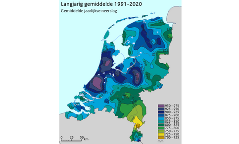 Langjarig gemiddelde neerslag in Nederland