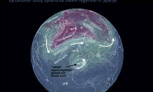 Temperatuur (in kleur) en wind (witte lijntjes) op rond 5,5 kilometer hoogte in de atmosfeer op de dag van de hevige regenval in Spanje, 29 oktober 2024.  Hoe meer witte lijntjes bij elkaar, hoe harder de wind. 