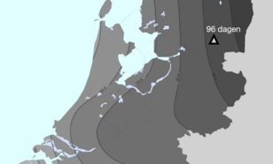 Verdeling van het gemiddeld aantal mistdagen per jaar in Nederland over de periode 2003-2020