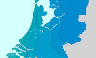 Kaart van Nederland met in kleur de gemiddelde wintertemperatuur in de periode 1991-2020