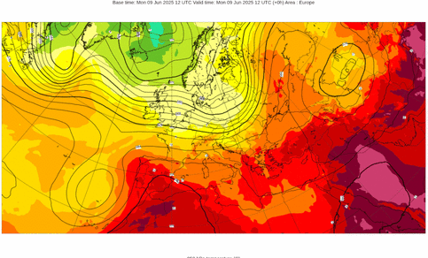 Animatie van een kaart van Europa met in kleur de temperatuur op ongeveer 1,5 kilomter hoogte en de wind op ongeveer 5 kilometer hoogte.