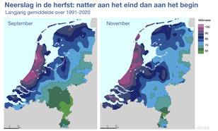 Twee kaarten van Nederland met in kleur de hoeveelheid neerslag in september (links) en november (rechts) gemiddeld over 1991-2020.