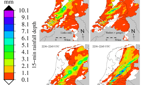 Regenkaarten van 15-minuutsommen gebaseerd op data van radiostraalverbindingen (links) en op met regenmeterdata gecorrigeerde radardata (rechts) (Bron: KNMI)