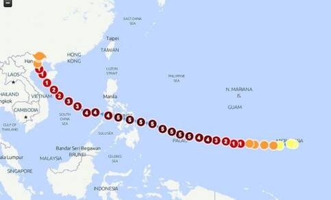 Route die supertyfoon Haiyan aflegde die op 8 en 9 november de Filipijnen trof (Bron: Met. Office) 
