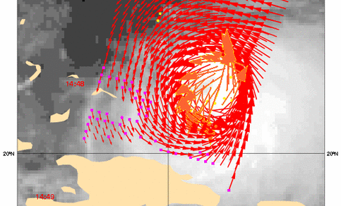 Windveld rond hurricane Ike volgens scatterometer (Bron: KNMI/Eumetsat)