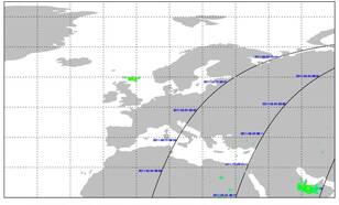 Aswolk boven de Noordzee, waargenomen door het GOME-2 satellietinstrument op 24 mei rond 12 uur. De hoeveelheid as wordt in de Absorbing Aerosol Index (AAI) uitgedrukt (Bron: KNMI)