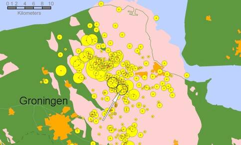 Kaart van de seismiciteit van Noord-Oost Nederland.