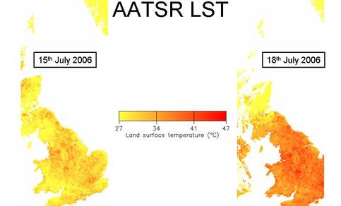 AATSR metingen van temperatuur boven land (bron: University of Leicester)