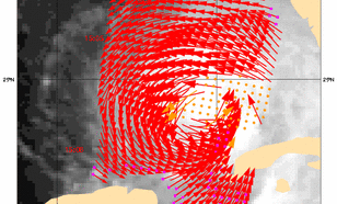 Windveld rond Ike met scatterometer (Bron: KNMI/Eumetsat)