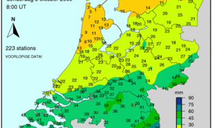 Vooral midden Limburg kreeg in korte tijd veel regen (bron: KNMI)
