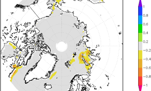 Afwijking zeeijsconcentratie (noordpoolgebied) in mei 2011 ten opzichte van 1981-2010 (Bron: NSIDC)
