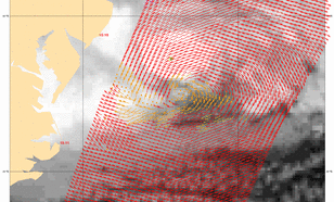 Op het satellietbeeld van MetOp-B is de windrichting en sterkte van orkaan Sandy goed te zien. (Bron: KNMI)