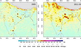 Luchtvervuiling (zwaveldioxide) boven India gemeten met OMI tussen 2005 en 2012. De hoeveelheid zwaveldioxide emissies afkomstig van energiecentrales is met meer dan 60% toegenomen (Bron: ACS Publications)