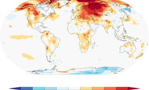 Afwijking in graden van de wereldwijd gemiddelde temperatuur in februari 2016 ten opzichte van 1981-2010 (klimatologische 'normaal'). Bron: ECMWF 