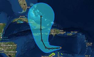 De verwachte richting van tropische storm Matthew in het caribisch gebied. Bron: National Hurricane Centre 