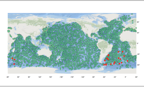 Ruimtelijke verdeling van de ongeveer 4000 ARGO floats in april 2017 (bron: KNMI en jcommops.org). De KNMI ARGO floats zijn in rood aangegeven.