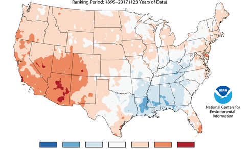 Verdeling van de extremiteit in de gemiddelde temperaturen van afgelopen juni in de Verenigde Staten, bron: NOAA.