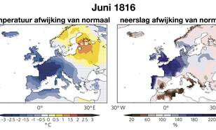 Temperatuur en neerslag afwijking van normaal in Juni1816 op basis van oude meetreeksen waaronder de Nederlandse Zwanenburg reeks. Bron: Luterbacher and Pfister, Nature Geoscience, 2015.