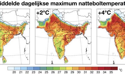 Gemiddelde dagelijkse maximum natteboltemperatuur over India nu en bij een mondiale opwarming van 2 en 4 graden. Waarden boven de 35 graden zijn levensgevaarlijk. Bron: Eun-Soon Im et al, Science Advances, 2017